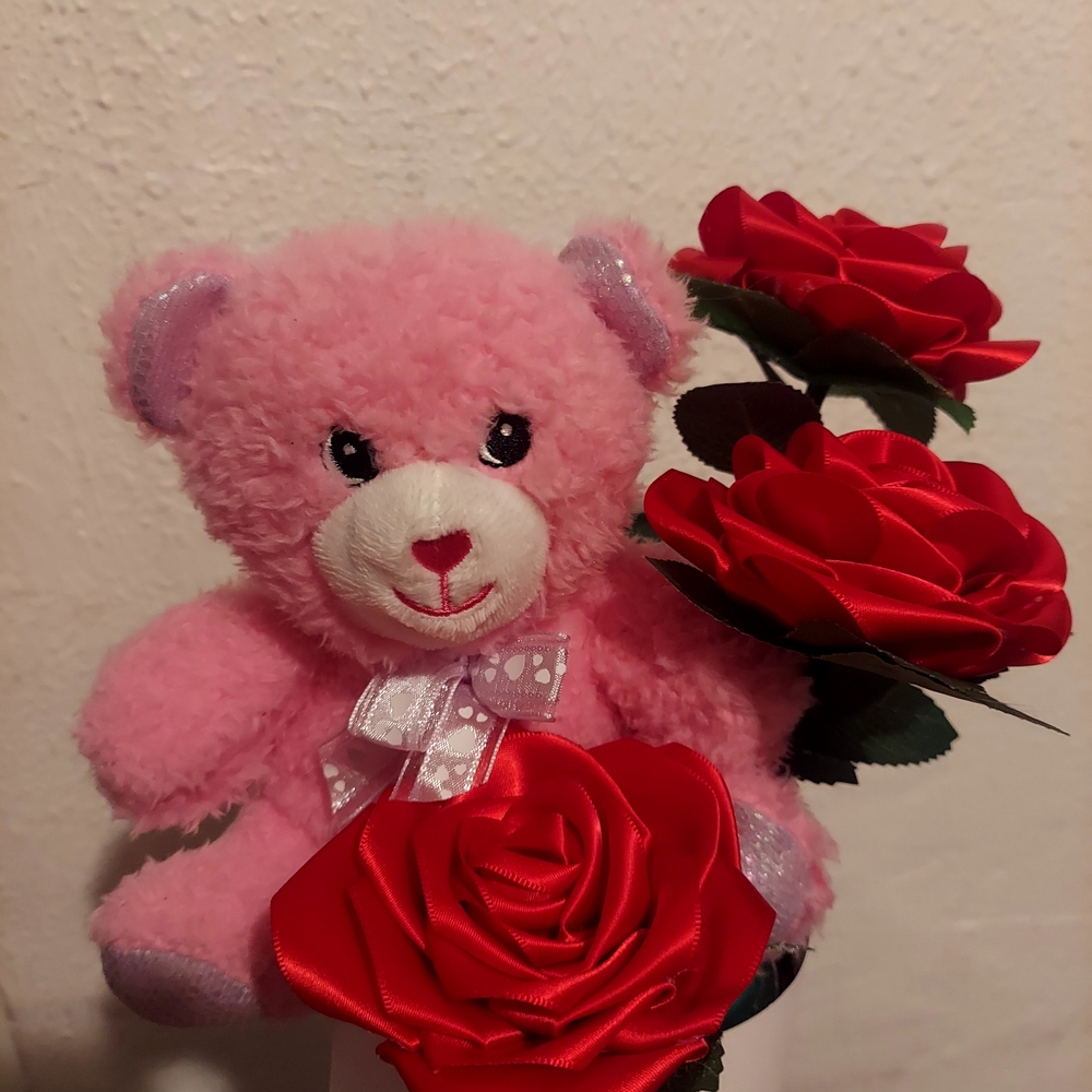 Pink Stuffed Teddy Bear with Red Roses